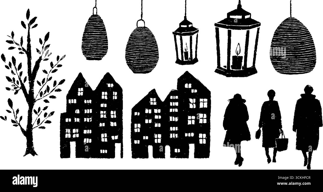 Linogravure de paysage urbain scandinave avec des maisons et des lanternes pour le design artistique. Illustration de Vecteur