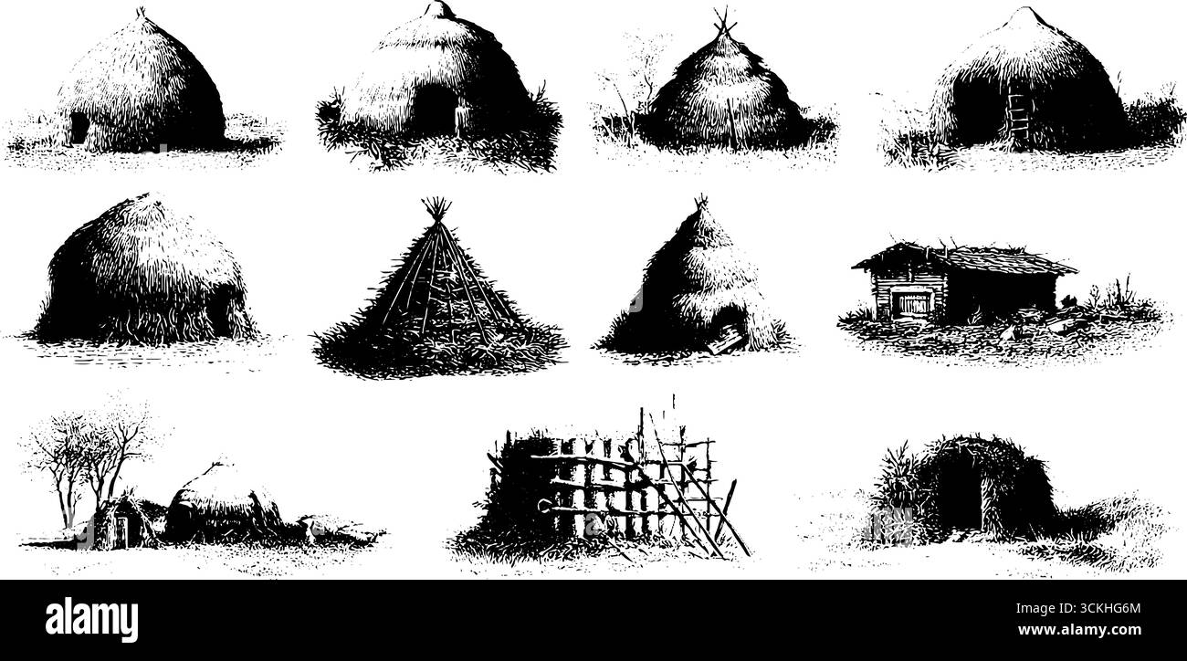 Collection de gravure vintage de botte de foin et de structures rurales pour la conception et la décoration. Illustration de Vecteur