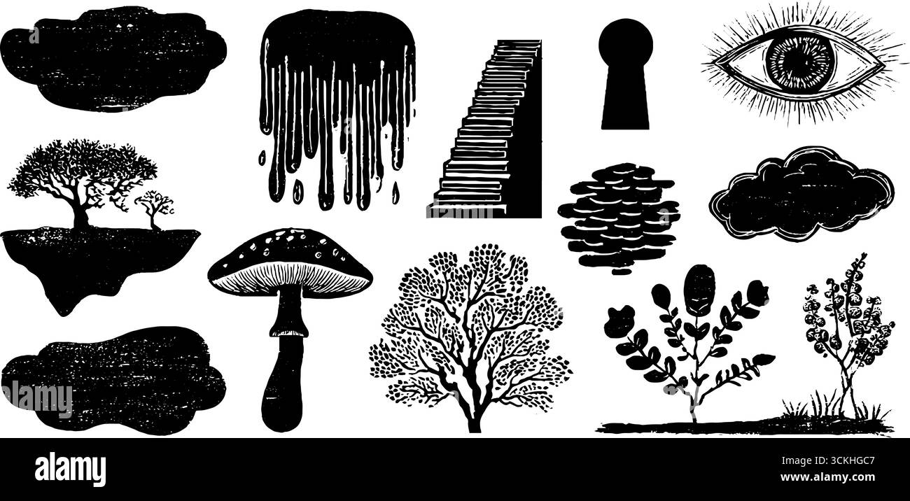 Collection de symboles de linogravure Dreamscape comprenant des îles flottantes et des éléments surnaturels pour un design créatif. Illustration de Vecteur