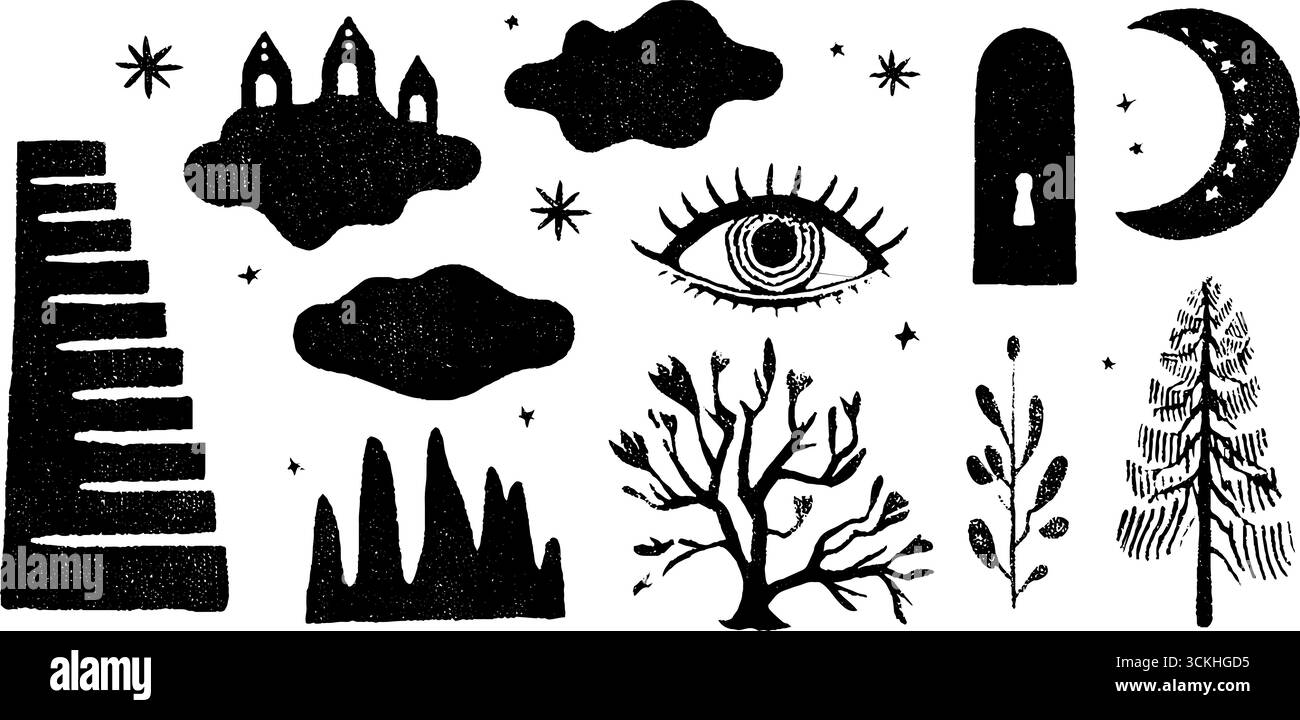 Enchanteresse linocut Dreamscapes collection avec des îles flottantes et des symboles célestes pour les dessins boho. Illustration de Vecteur