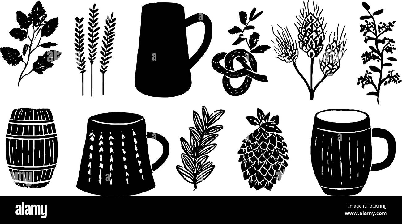 Eléments de bière allemande traditionnelle linocut ensemble avec tasses, stein et blé pour la conception. Illustration de Vecteur Eléments de bière allemande traditionnelle linocut ensemble avec tasses, stein et blé pour la conception. Illustration de Vecteur