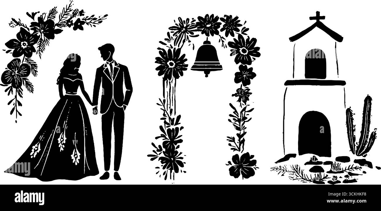 Silhouettes rustiques de cérémonie de mariage linocut avec mariée et marié pour le design vintage. Illustration de Vecteur Silhouettes rustiques de cérémonie de mariage linocut avec mariée et marié pour le design vintage. Illustration de Vecteur