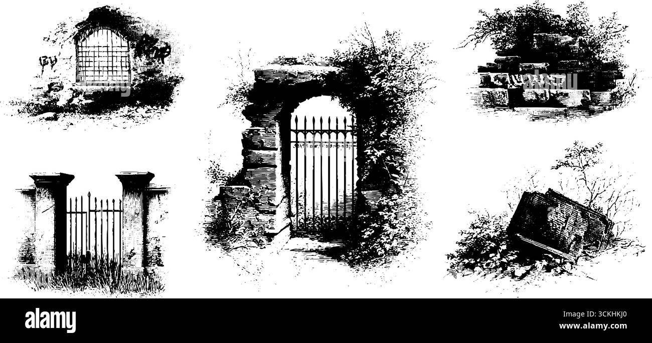 Collection d'éléments de ville abandonnés : gravure vintage de structures et de portes. Illustration de Vecteur
