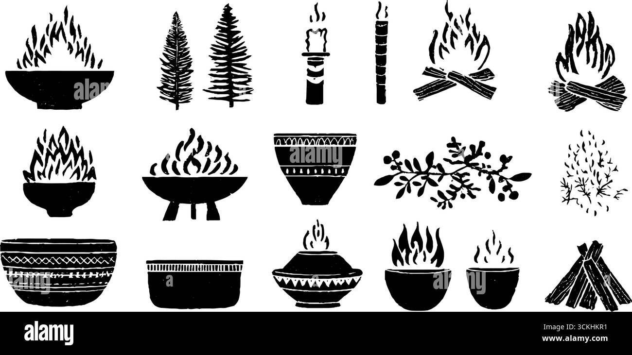 Collection Ritual Fire Elements : feux de joie, torches et bougies pour l'impression et la décoration. Illustration de Vecteur