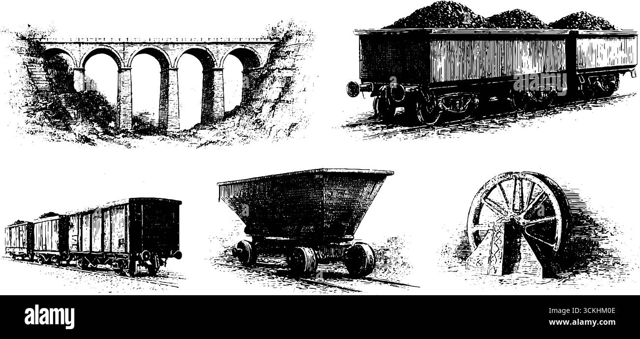 Vintage train yard détails : collection gravée d'éléments de chemin de fer pour les projets de conception. Illustration de Vecteur