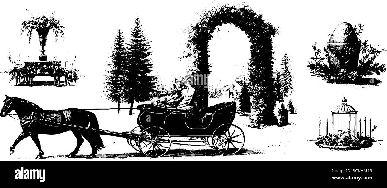 Scène de mariage de village d'hiver avec calèche tirée par des chevaux et arches florales. Illustration de Vecteur