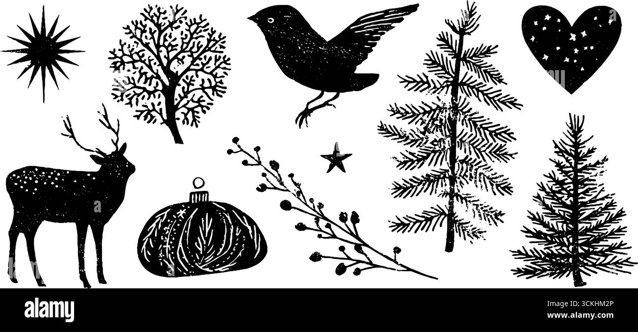 Collection d'art populaire scandinave avec oiseaux, fleurs, arbres et éléments boisés pour l'artisanat et le design. Illustration de Vecteur
