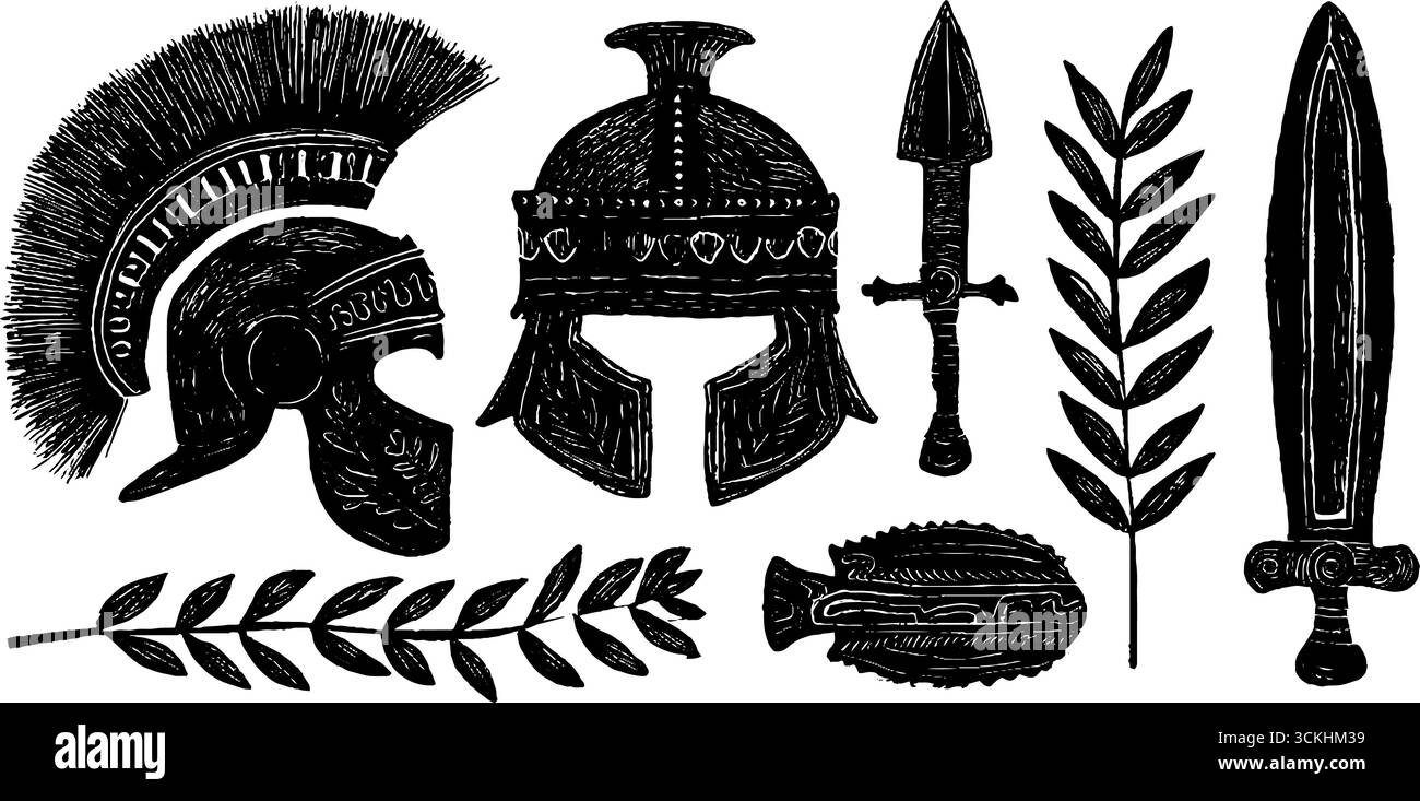 Ancienne collection romaine d'armes et de linogravure d'armure pour la conception et le décor historiques. Illustration de Vecteur