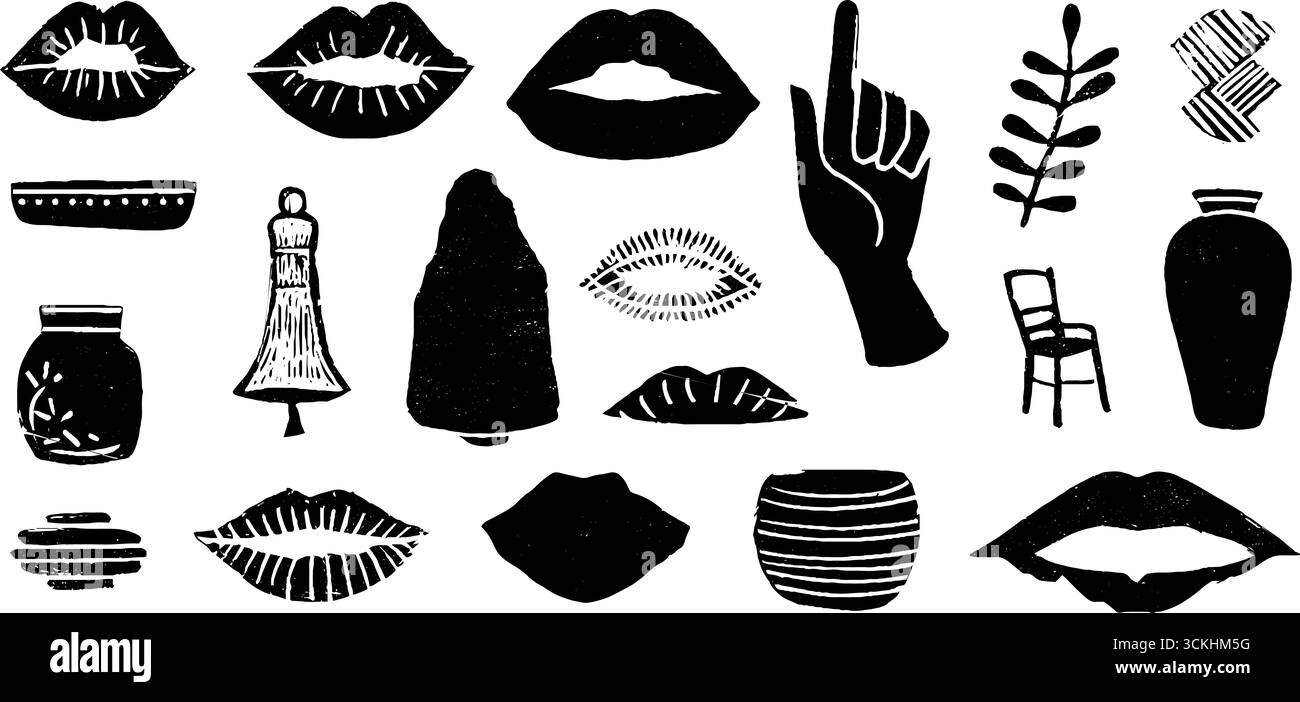 Collection de symboles du silence sacré avec lèvres fermées et silhouettes minimalistes pour un design unique. Illustration de Vecteur