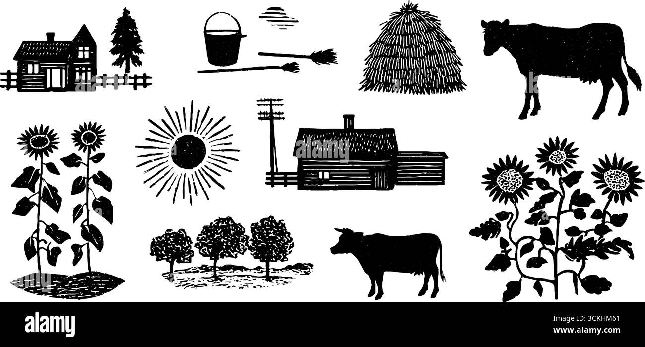 Village d'été linocut avec faux, meule de foin, ruche d'abeille et éléments rustiques pour un design saisonnier. Illustration de Vecteur