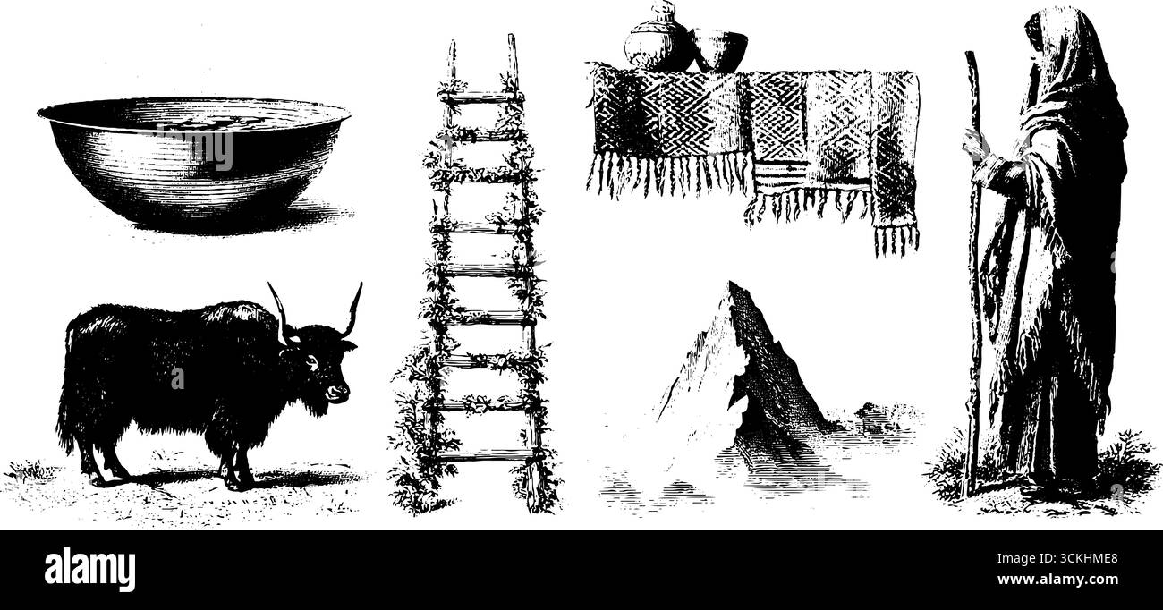 Éléments de la vie quotidienne de l'Himalaya — collection traditionnelle d'art de gravure pour le design culturel. Illustration de Vecteur