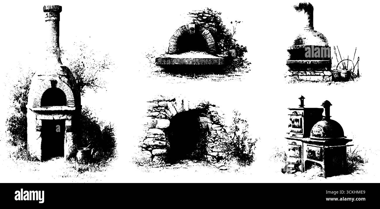 Collection de gravure vintage de conceptions de four à pain pour des concepts culinaires et historiques. Illustration de Vecteur