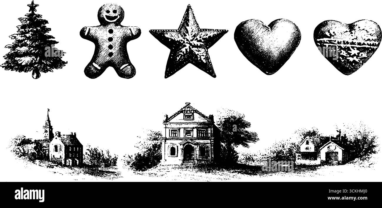 Biscuit en pain d'épices vintage et collection de scènes de vacances pour un design festif. Illustration de Vecteur