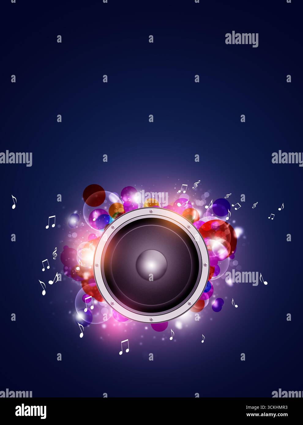 fond de haut-parleur sonore de musique multicolore lumineux avec notes de musique et lumières colorées Banque D'Images