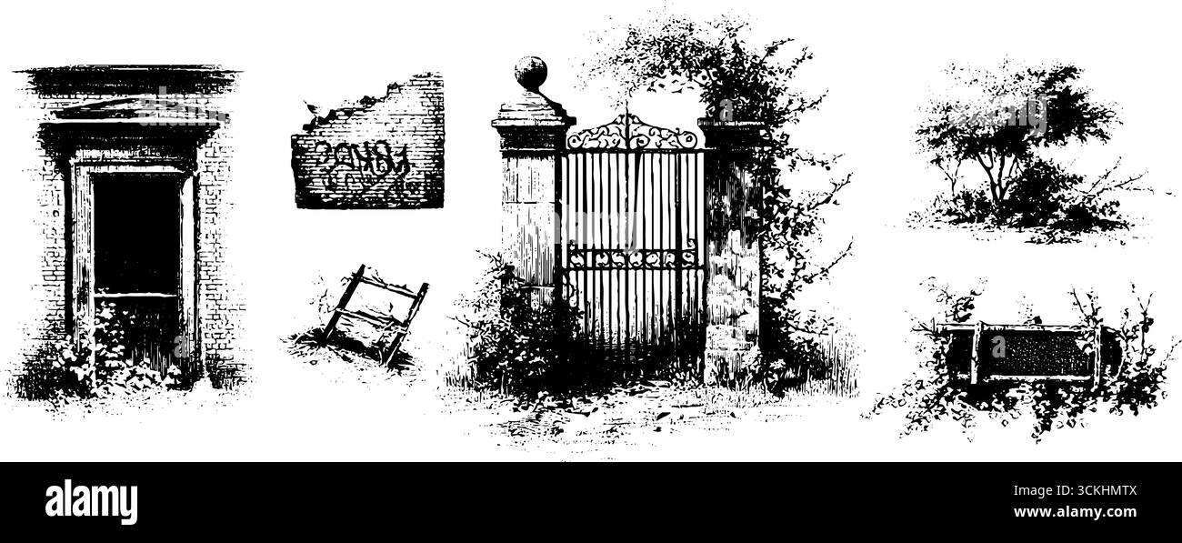 Collection abandonnée d'éléments de design de ville dans un style de gravure vintage pour des projets créatifs. Illustration de Vecteur