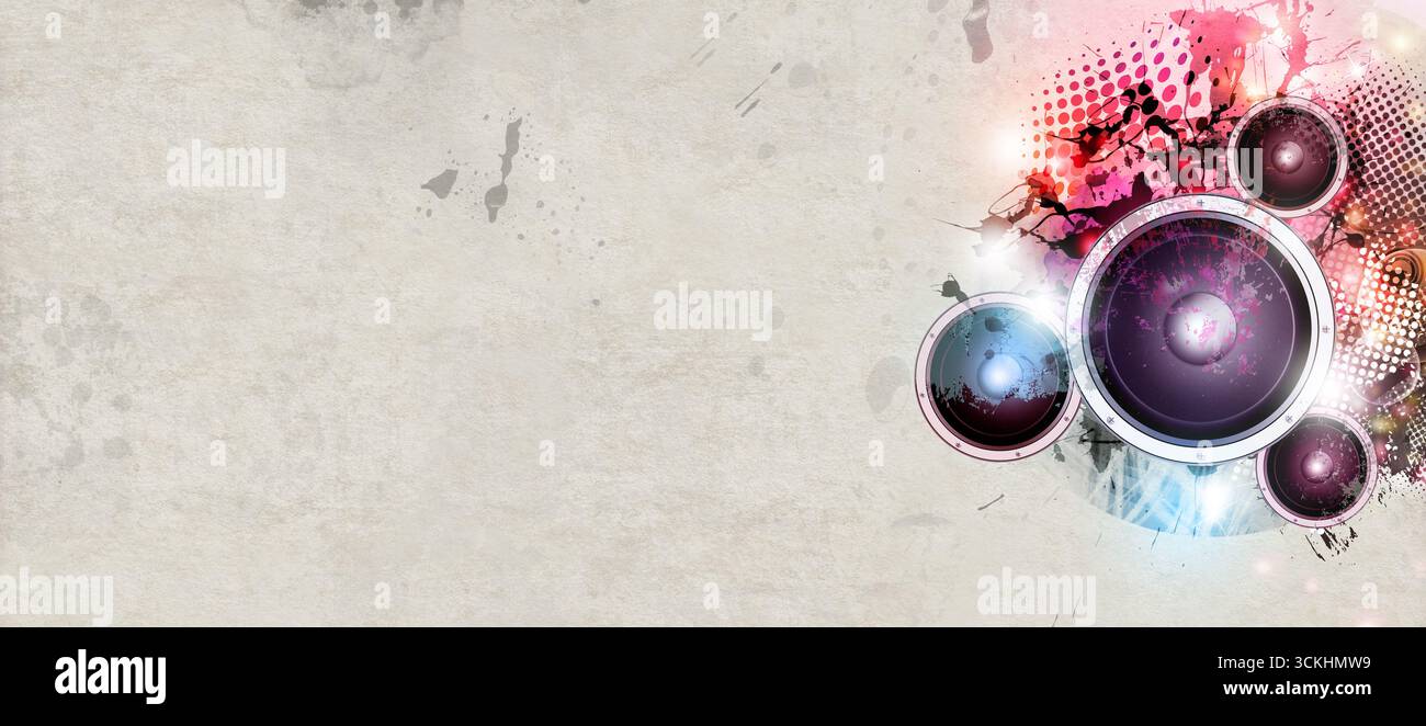 bannière grunge de musique techno avec des haut-parleurs de musique sonore sur papier texturé rétro ancien Banque D'Images