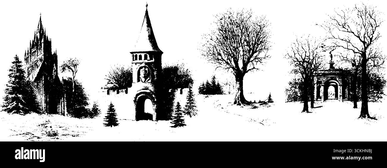 Nuit d'hiver mystique : silhouettes gravées d'architecture gothique et paysages enneigés. Illustration de Vecteur