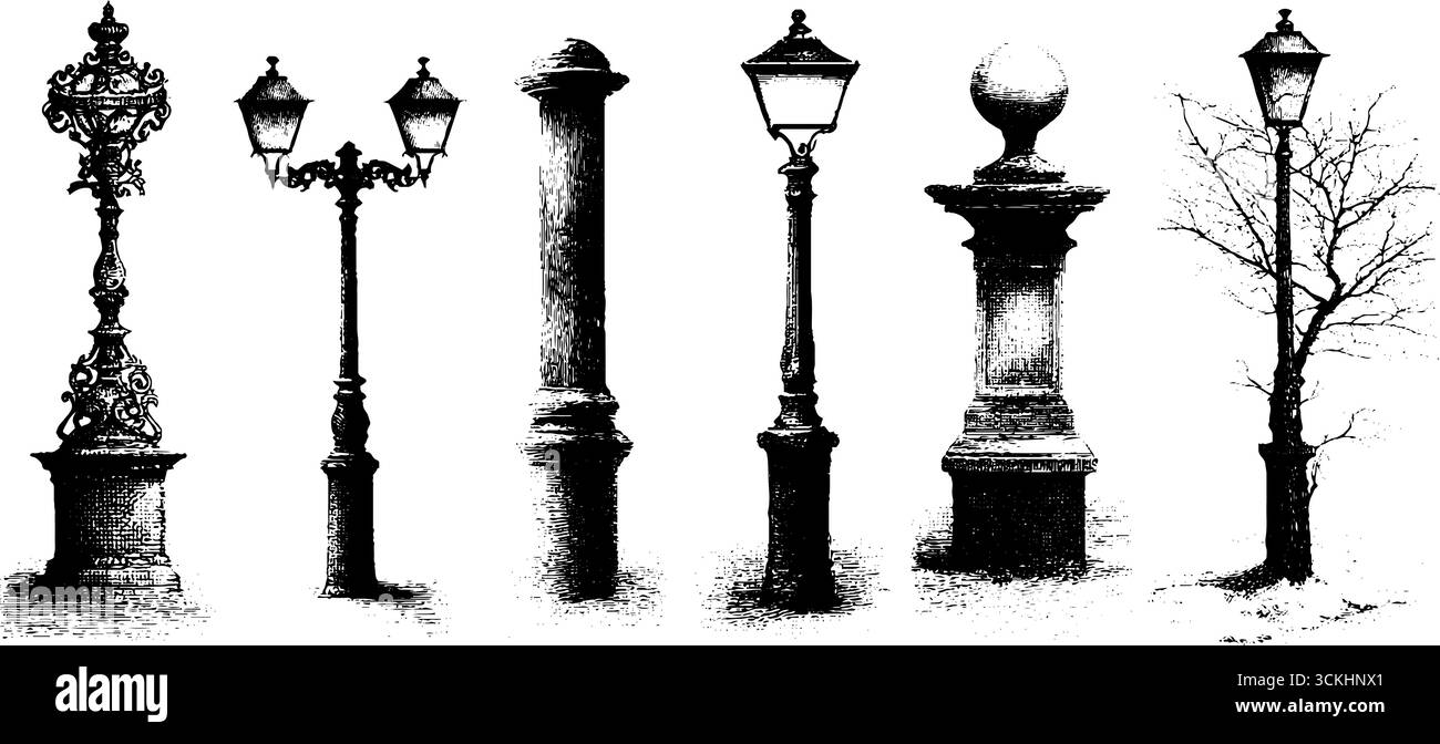 Collection vintage de gravures de lampadaires pour des projets de design rétro. Illustration de Vecteur