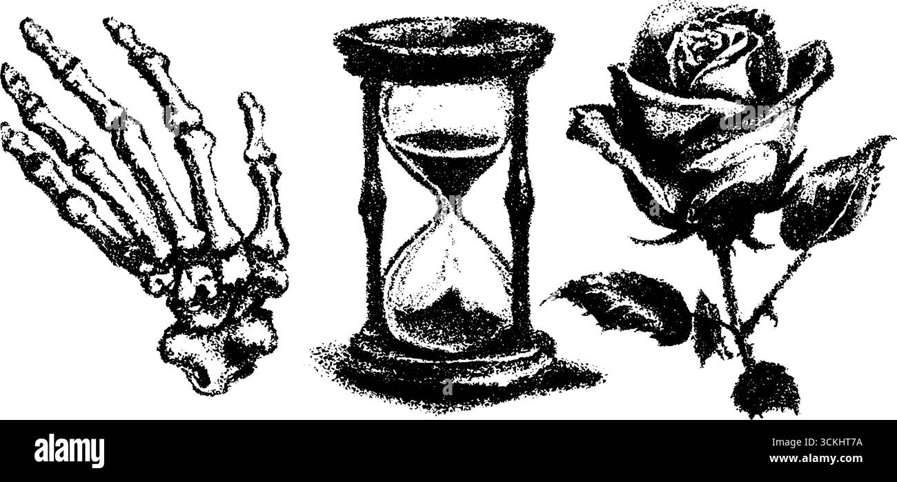 Grunge squelette noir et blanc main, sablier et collection d'illustration rose pour un design créatif. Illustration de Vecteur