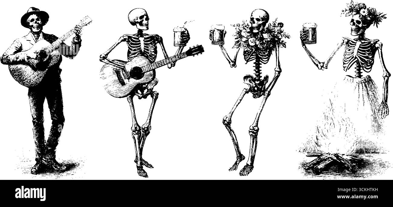 Squelettes de festival avec instruments de musique et mugs dans le style de gravure vintage pour les célébrations rétro. Illustration de Vecteur Squelettes de festival avec instruments de musique et mugs dans le style de gravure vintage pour les célébrations rétro. Illustration de Vecteur