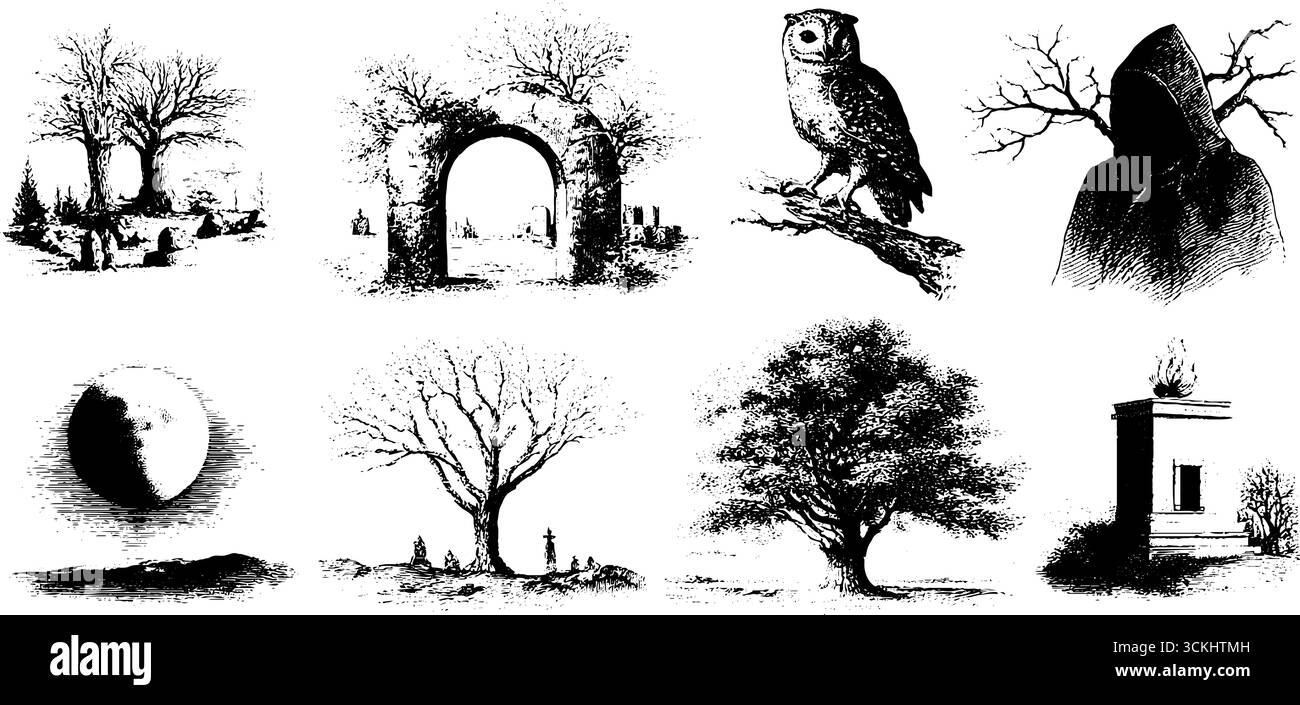 Collection mystérieuse de gravure de paysage d'automne pour la conception et le décor d'halloween. Illustration de Vecteur
