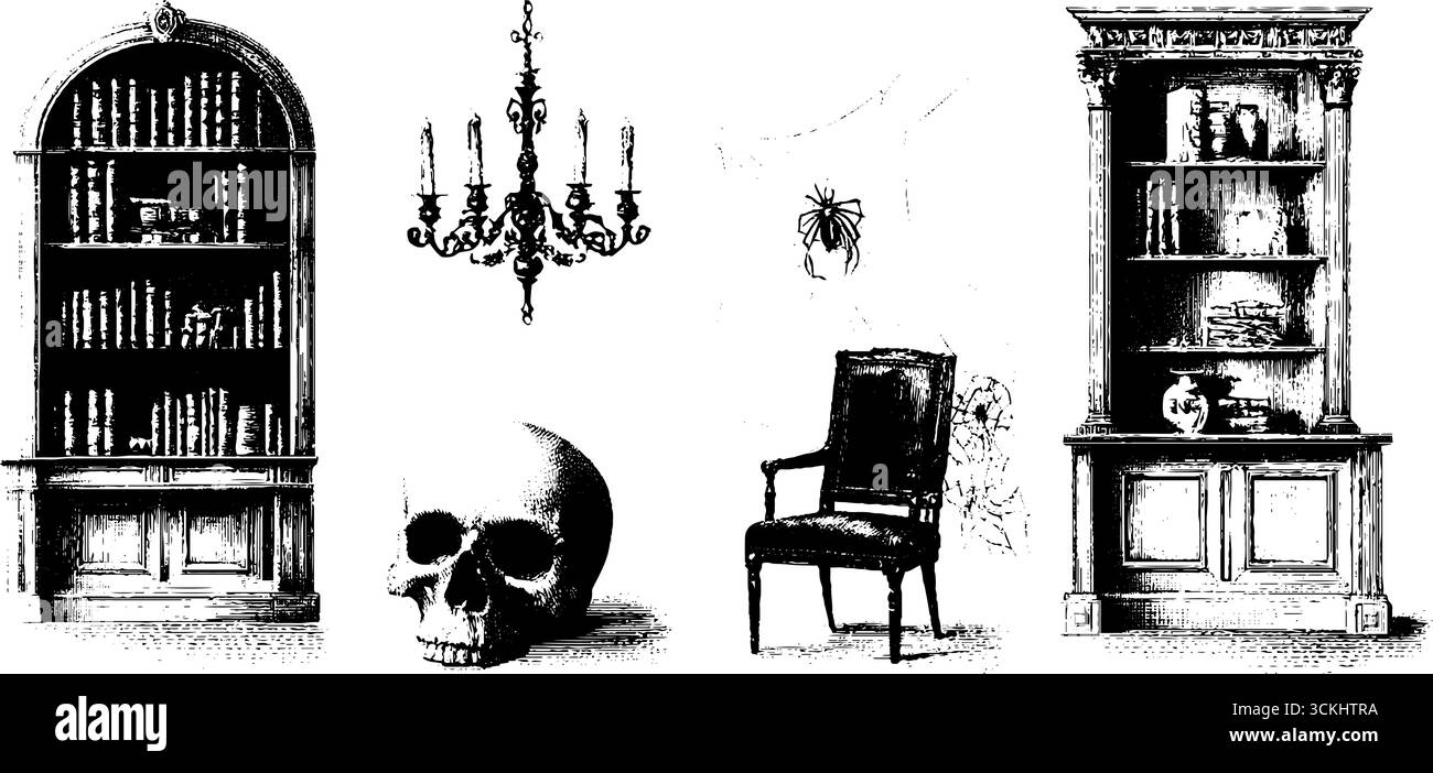 Conception gothique de bibliothèque de renouveau avec des éléments d'halloween pour un décor vintage. Illustration de Vecteur
