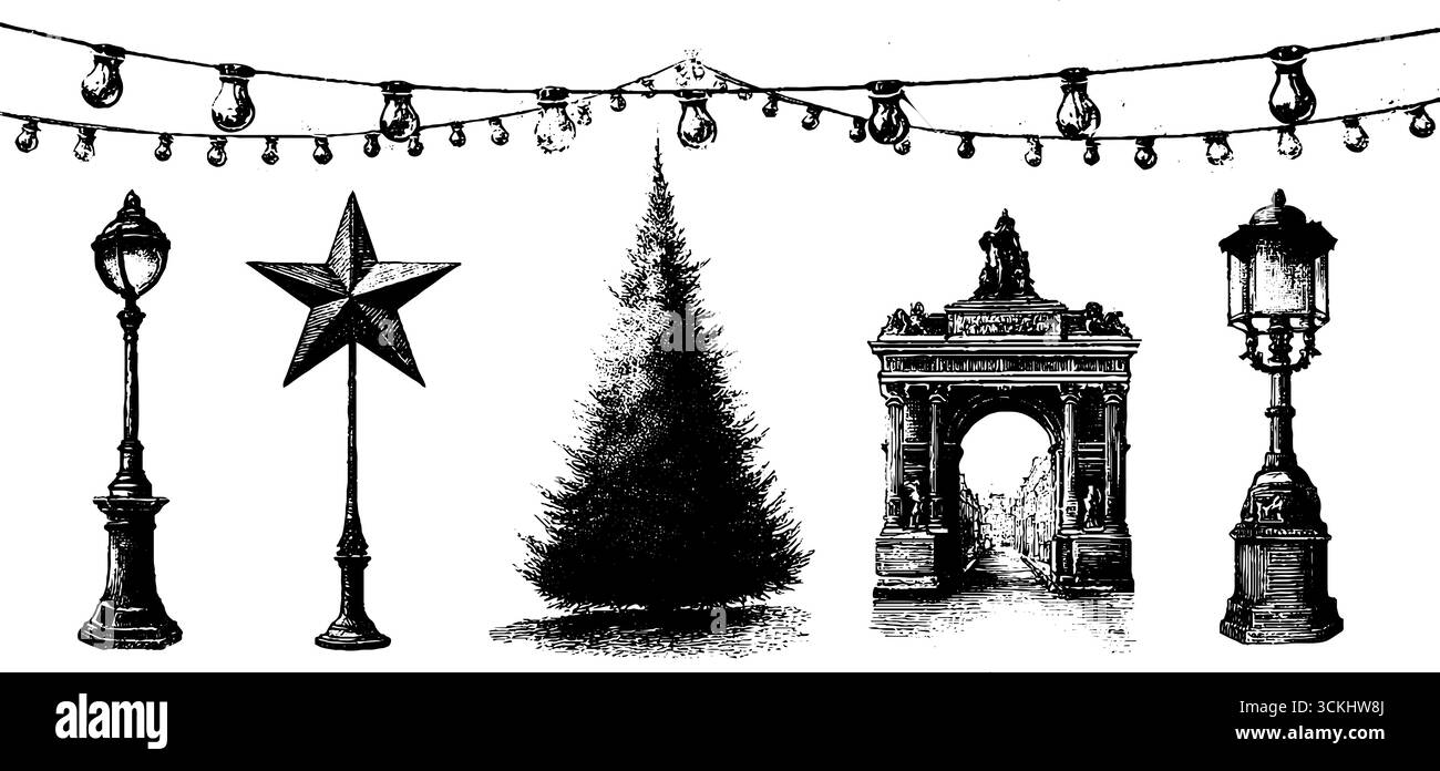 Lampadaires festifs et collection de décors de vacances pour un design saisonnier. Illustration de Vecteur