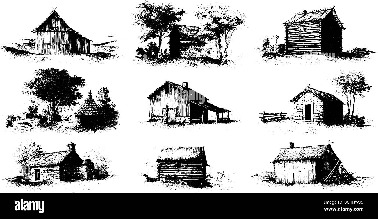 Collection d'architecture de village vintage : éléments de gravure dessinés à la main pour la conception. Illustration de Vecteur