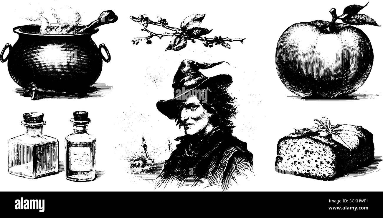 Witch's Winter Kitchen : collection gravée avec chaudron, épices et ingrédients pour la magie saisonnière. Illustration de Vecteur
