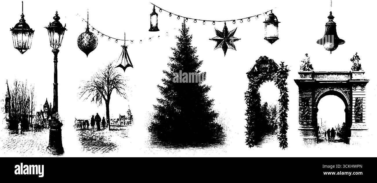 Collection de réverbères festifs vintage et de décorations de noël pour la conception de vacances. Illustration de Vecteur