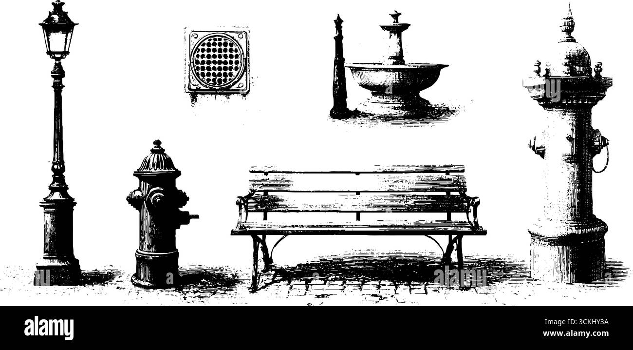 Collection Urban Street Elements : design gravé vintage pour affiches et impressions. Illustration de Vecteur