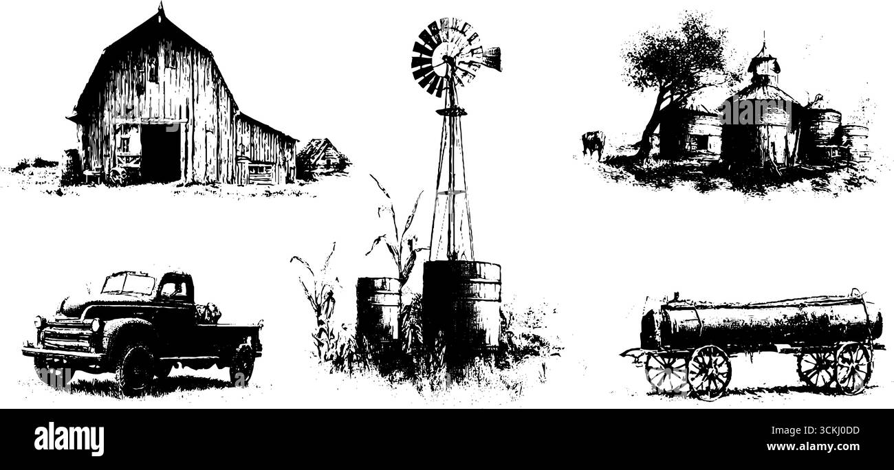 La vie rurale pendant la grande dépression : éléments de design gravés vintage pour affiches. Illustration de Vecteur