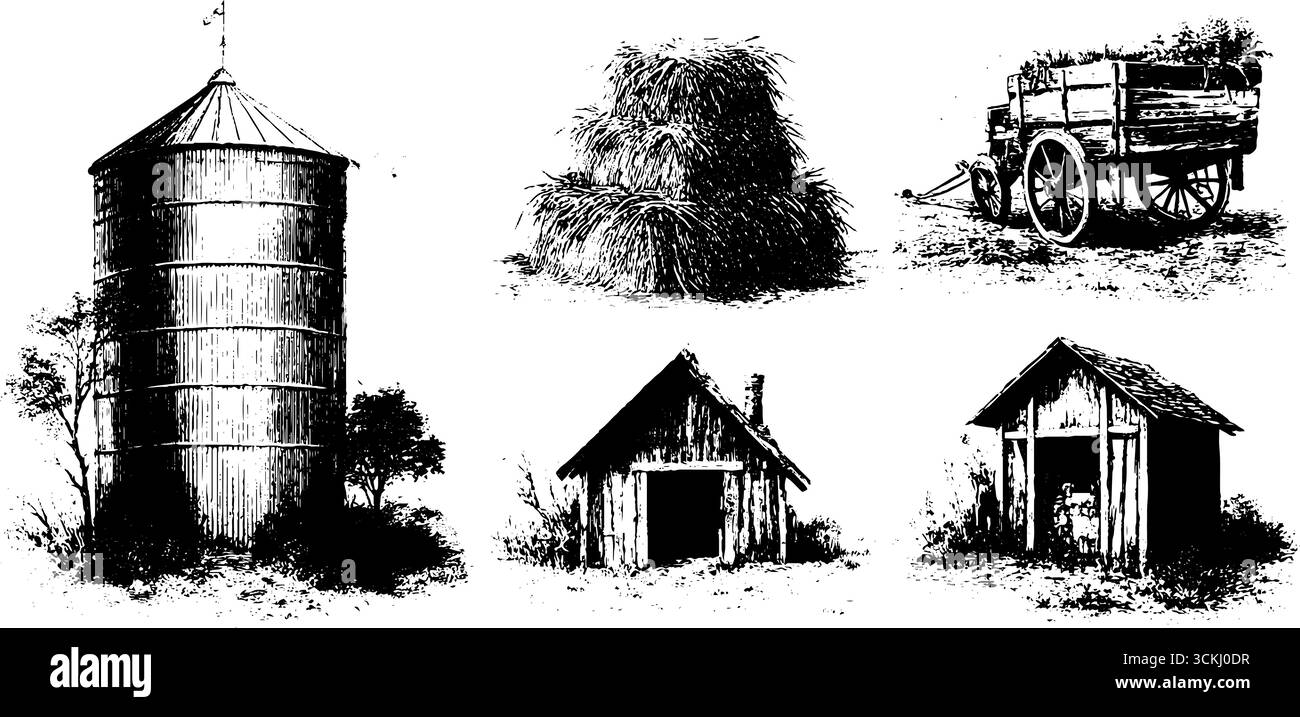 Silo à grain rustique et collection de gravure de structures agricoles pour des designs vintage. Illustration de Vecteur
