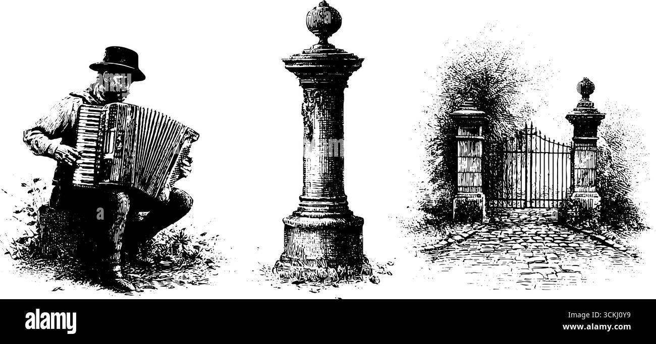 Scène d'automne vintage avec musicien de rue et chemin pavé pour un design classique. Illustration de Vecteur