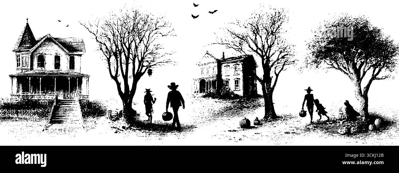 Halloween trick ou traiter scène de rue avec des enfants et des maisons silhouettées pour un design vintage. Illustration de Vecteur