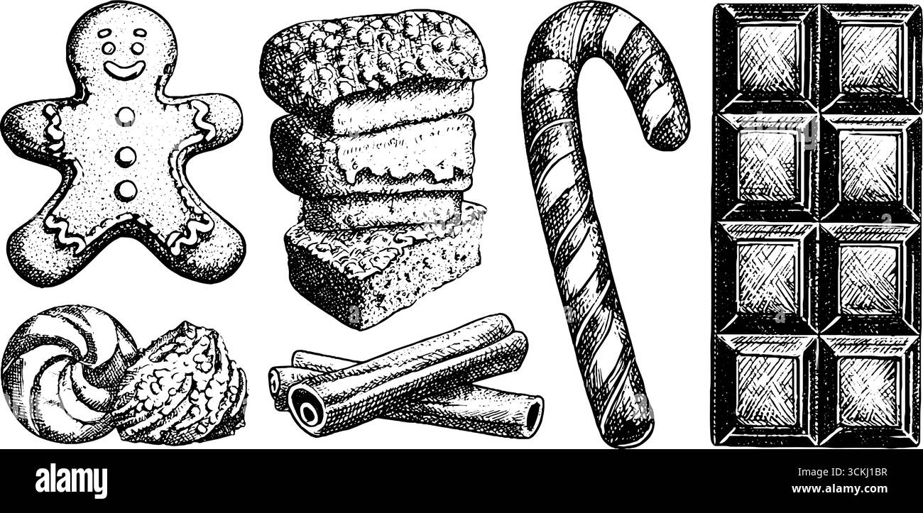 Collection de bonbons d'hiver avec pain d'épices et gravure de confiserie pour le design des fêtes. Illustration de Vecteur