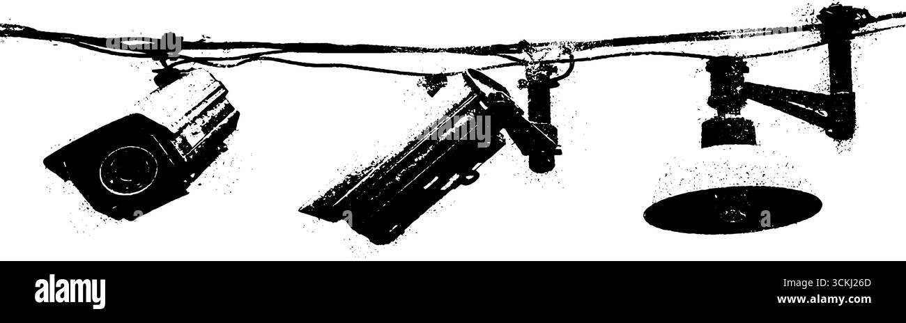 Ensemble de pochoirs noir et blanc de caméras de sécurité et de luminaires pour les projets de design urbain. Illustration de Vecteur