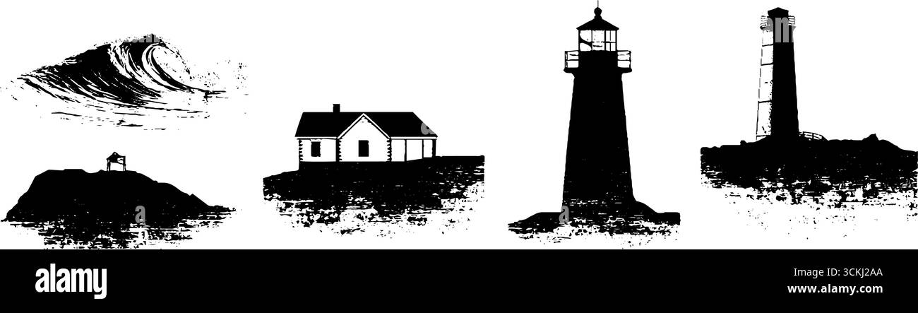 Pochoir noir et blanc sur le thème de la côte, avec phare, vague, maison et rivage rocheux. Illustration de Vecteur