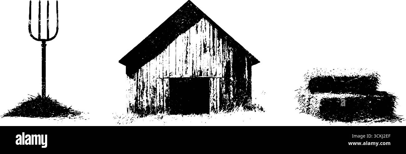 Éléments de ferme rustiques en noir et blanc pour les projets de design vintage. Illustration de Vecteur