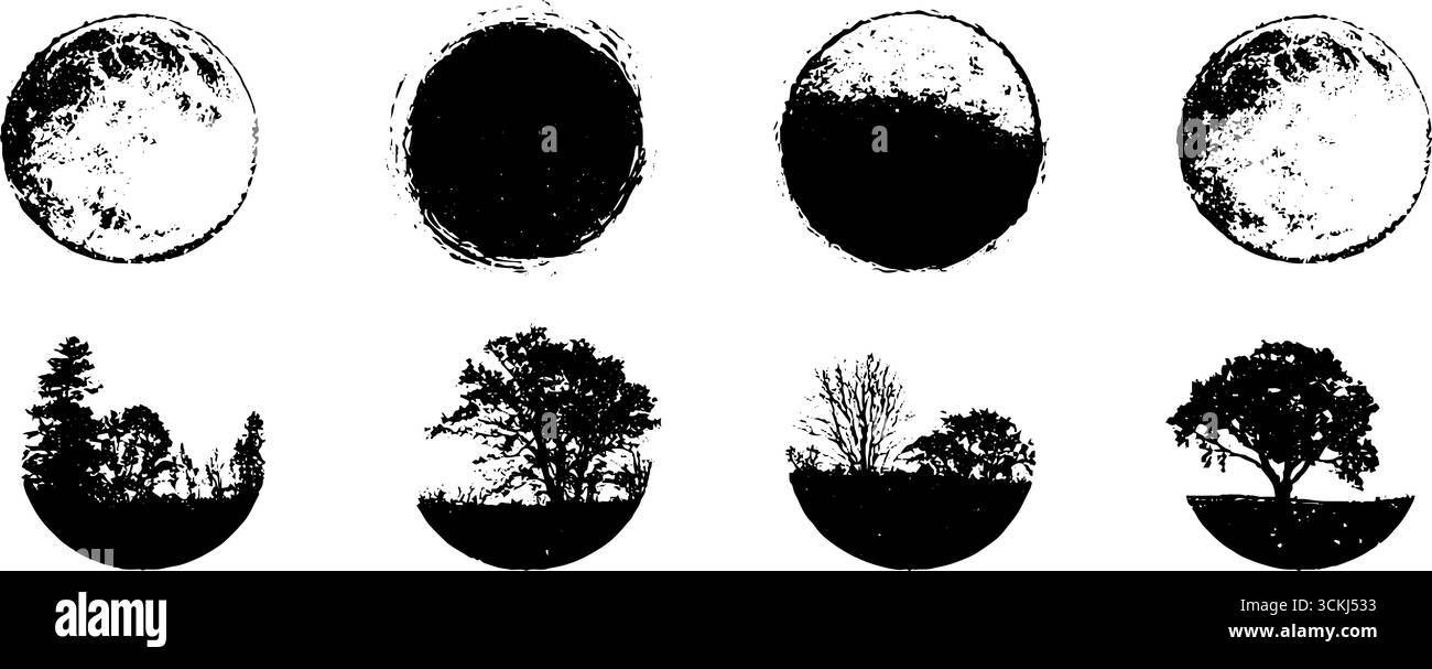 Collection de phases de lune noires et blanches et de silhouettes d'arbres pour le design artistique. Illustration de Vecteur