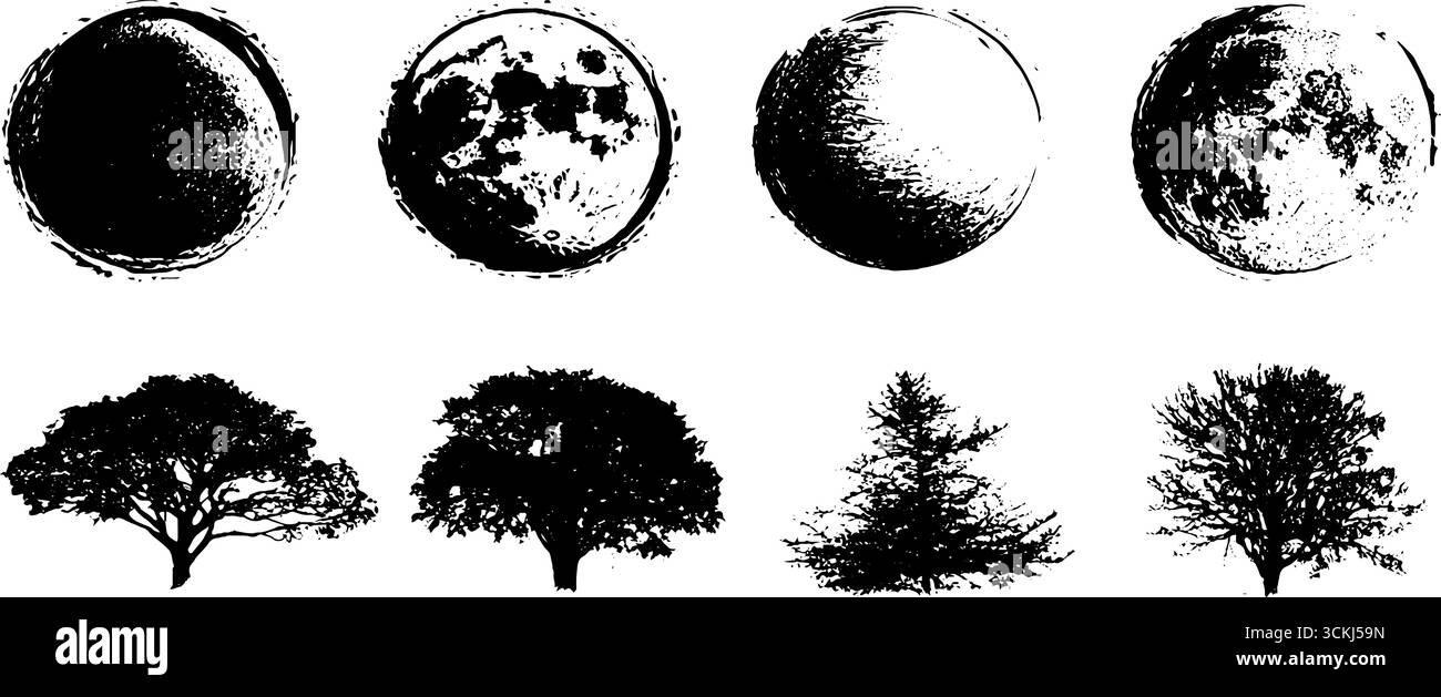 Ensemble d'illustration au pochoir noir et blanc avec des phases de lune et des silhouettes d'arbre pour l'art et le design. Illustration de Vecteur