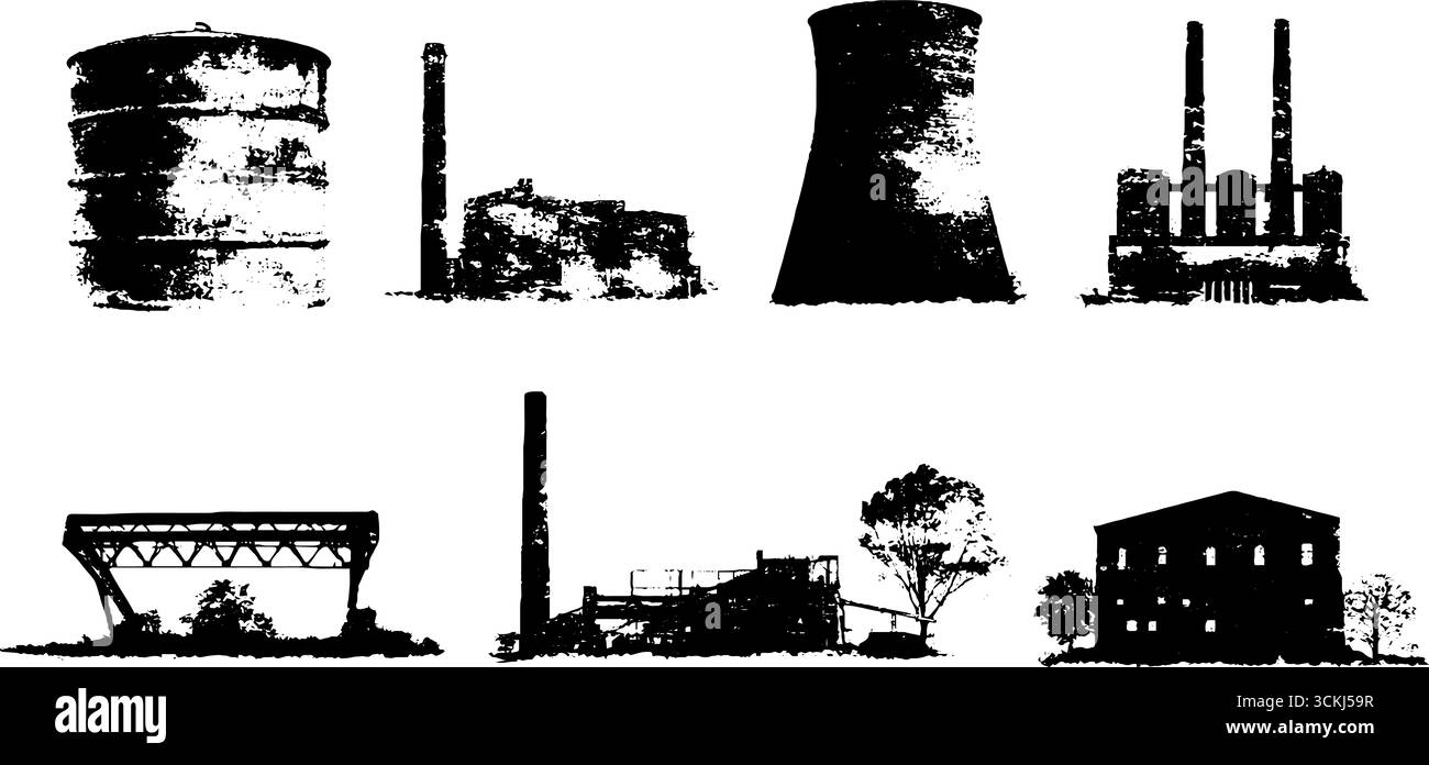 Pochoir de structures industrielles en noir et blanc pour le design d'art urbain. Illustration de Vecteur