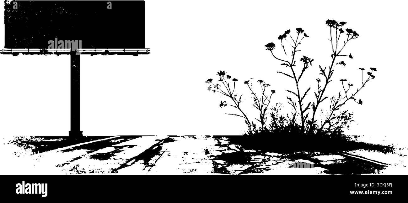 Scène de décomposition urbaine avec panneau d'affichage et plantes sauvages dans l'art de pochoir noir et blanc pour la conception. Illustration de Vecteur
