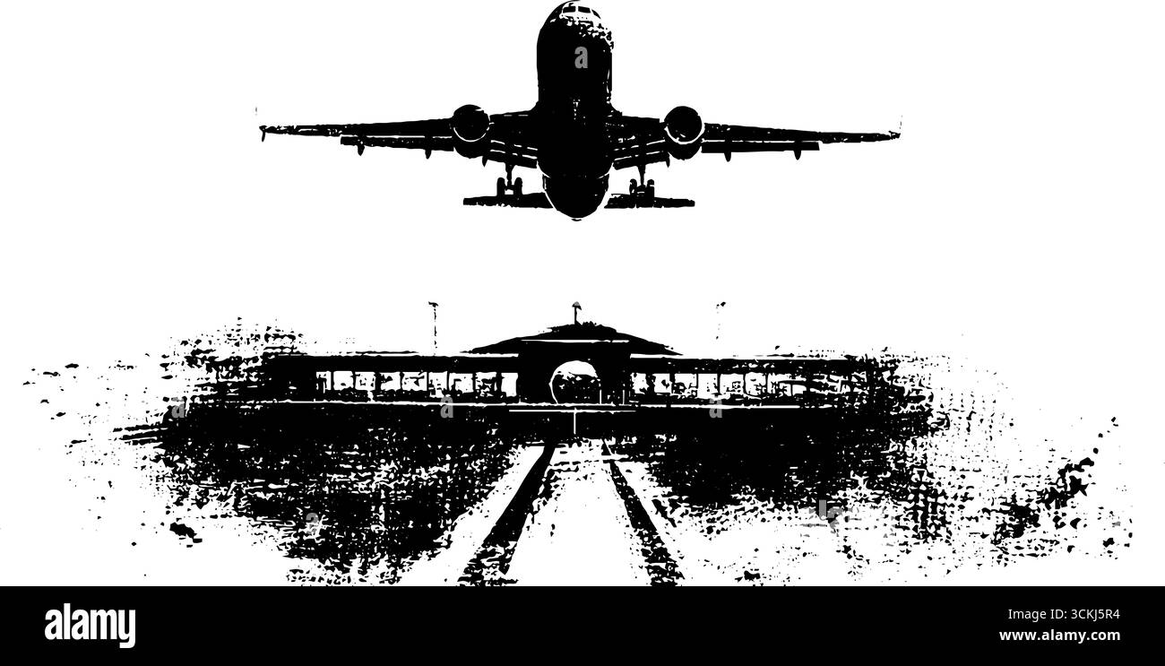 Illustration au pochoir noir et blanc de l'avion et de l'aéroport - conception pour affiches et impressions. Illustration de Vecteur Illustration au pochoir noir et blanc de l'avion et de l'aéroport - conception pour affiches et impressions. Illustration de Vecteur