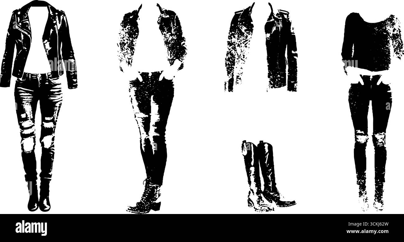 Collection de mode pochoir noir et blanc avec vestes et pantalons en cuir. Illustration de Vecteur