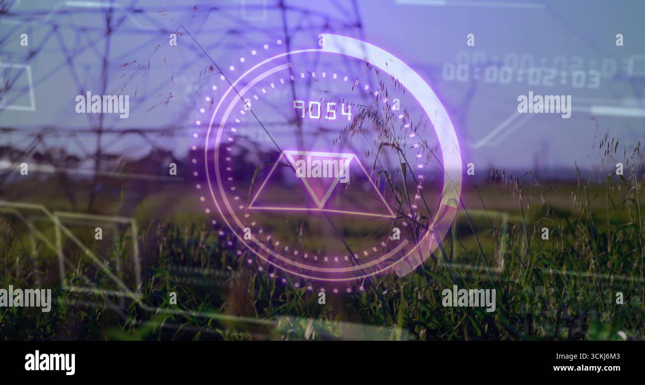Affichage du HUD violet superposé aux prairies avec pylônes, jauge ronde, triangle et affichage numérique Banque D'Images