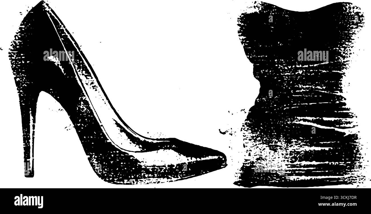 Design de pochoir de mode avec chaussure à talons hauts et robe pour des projets créatifs. Illustration de Vecteur