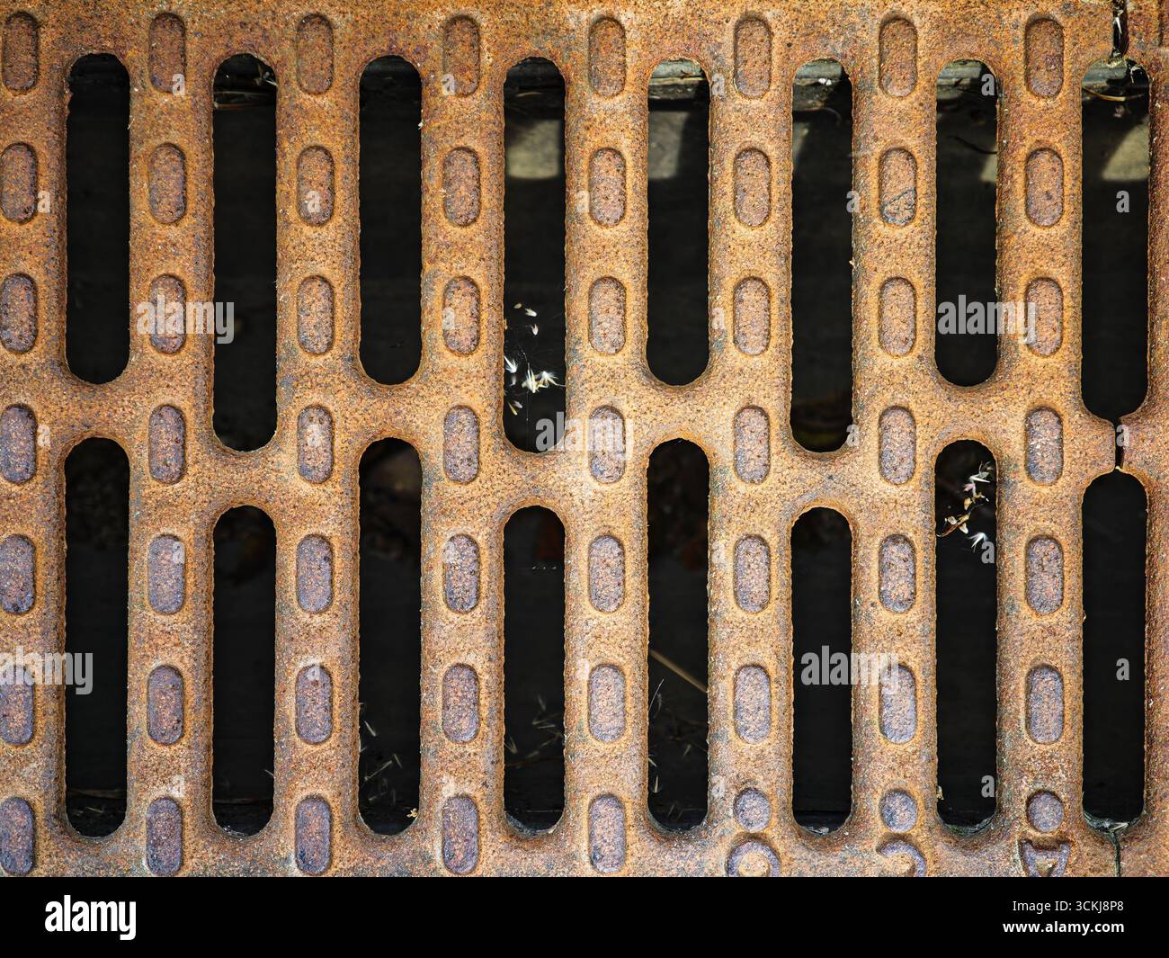 Grille de drainage en métal rouillé avec des ouvertures rectangulaires sur fond sombre. Photo de haute qualité Banque D'Images
