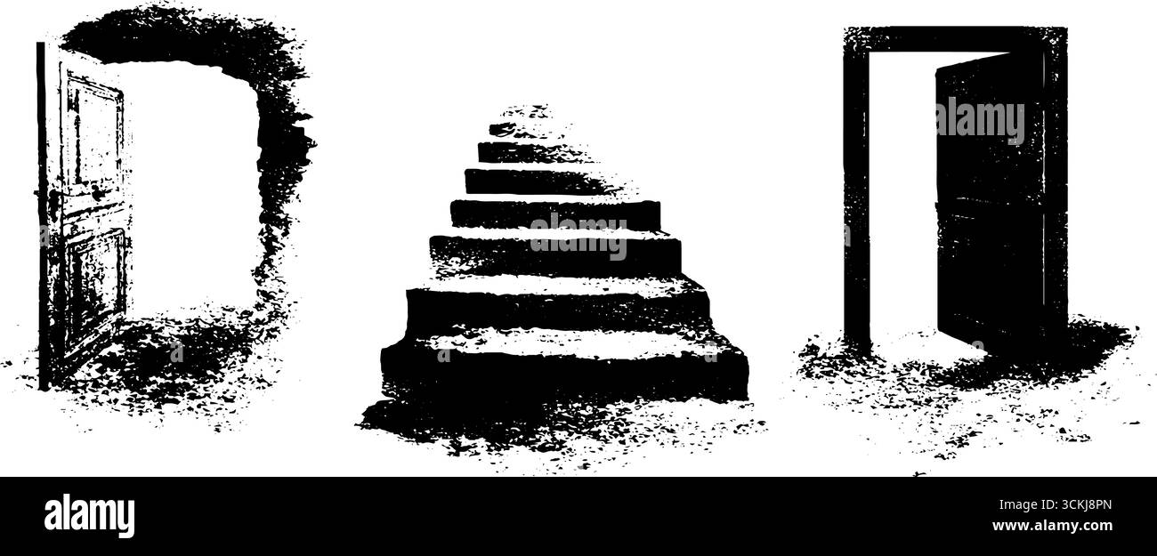 Pochoir noir et blanc avec des motifs d'escalier et de porte grungy pour des projets d'art urbain. Illustration de Vecteur