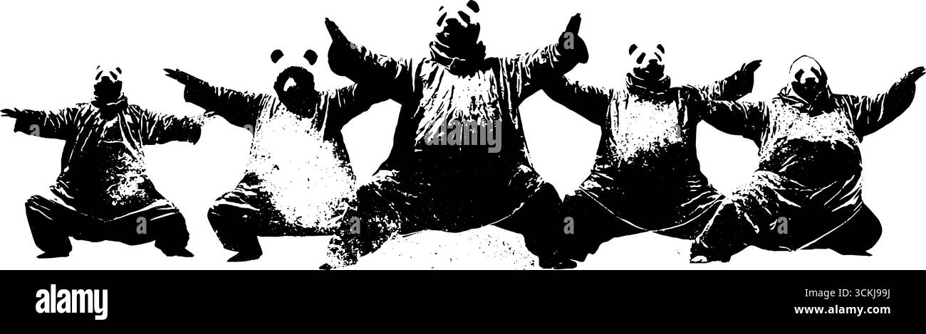 Pochoir noir et blanc illustration avec figurines de panda dans des poses dynamiques. Illustration de Vecteur